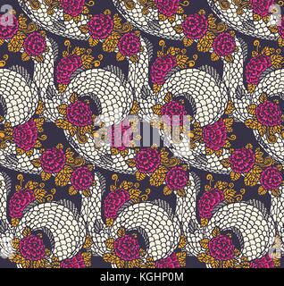 Vector seamless dragon and roses texture - traditional asian chinese and japanese ornament, ready to use Stock Vector