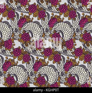 Vector seamless dragon and roses texture - traditional asian chinese and japanese ornament, ready to use Stock Vector