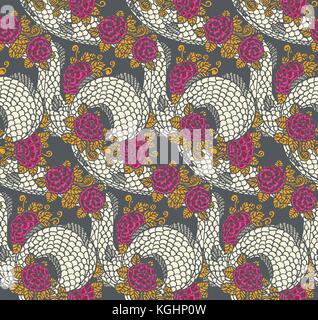 Vector seamless dragon and roses texture - traditional asian chinese and japanese ornament, ready to use Stock Vector