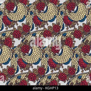 Vector seamless dragon and roses texture - traditional Asian Chinese and Japanese ornament, ready to use Stock Vector