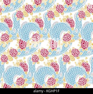 Vector seamless dragon and roses texture - traditional asian chinese and japanese ornament, ready to use Stock Vector