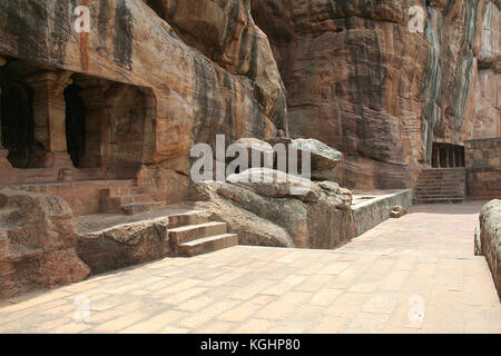 View of rock-cut cave temples at Badami, Karnataka, India, Asia Stock Photo
