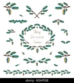 Vector set of cute pine tree twigs decorative elements, borders and vignettes made of fir tree cones and branches for cards and design Stock Vector