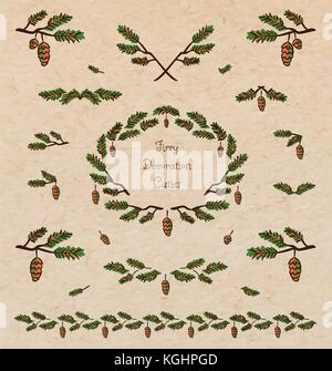 Vector set of cute pine tree twigs decorative elements, borders and vignettes made of fir tree cones and branches for cards and design on realistic ca Stock Vector