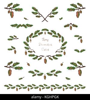 Vector set of cute pine tree twigs decorative elements, borders and vignettes made of fir tree cones and branches for cards and design Stock Vector