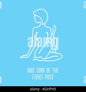 Yoga pose flat line icon, simple sign of woman in half lord of the fishes pose, white outline logo isolated on baby blue - vector asana for manipura c Stock Vector