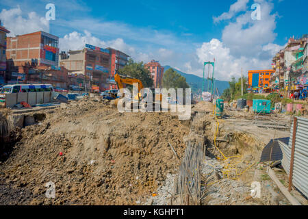 POKHARA, NEPAL OCTOBER 10, 2017: Outdoor view of heavy machinary working in the street of Pokhara, Nepal Stock Photo