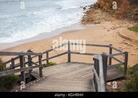 wooden stairs leading down to the iconic Bells Beach, located in Torquay, Victoria Stock Photo