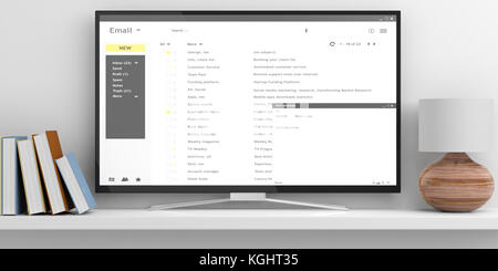 Emails list on a smart television screen isolated on white background. 3d illustration Stock Photo