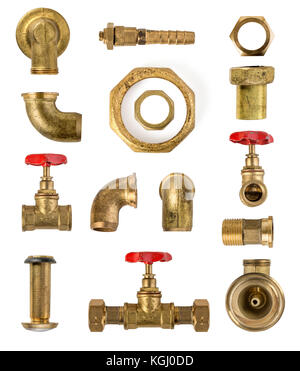 Valves, nuts, brackets and other metal parts isolated on white Stock Photo