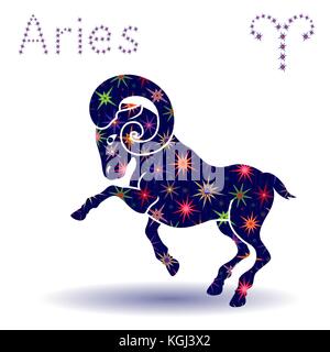 Zodiac sign Aries, hand drawn vector stencil with stylized stars isolated on the white background Stock Vector