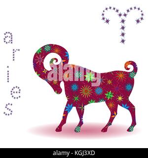 Zodiac sign Aries, claret vector silhouette with stylized multicolor stars isolated on the white background Stock Vector