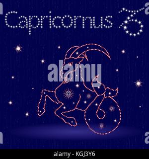 Zodiac sign Capricornus on the starry sky, hand drawn vector illustration with stylized stars over blue background Stock Vector