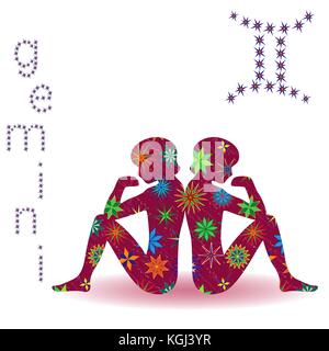 Zodiac sign Gemini, claret vector silhouette with stylized multicolor stars isolated on the white background Stock Vector