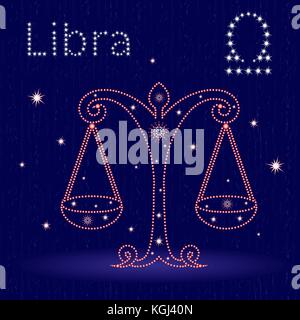 Zodiac sign Libra on the starry sky, hand drawn vector illustration with stylized stars over blue background