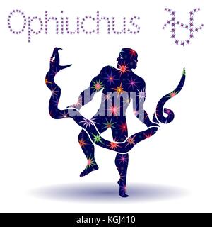 Alternative thirteenth Zodiac sign Ophiuchus, hand drawn vector stencil with stylized stars isolated on the white background Stock Vector