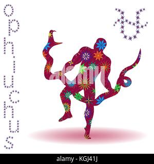 Alternative thirteenth Zodiac sign Ophiuchus, claret vector silhouette with stylized multicolor stars isolated on the white background Stock Vector