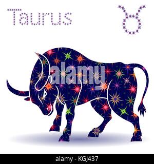 Zodiac sign Taurus, hand drawn vector stencil with stylized stars isolated on the white background Stock Vector