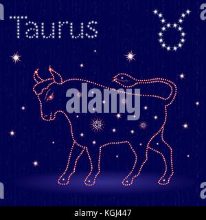 Zodiac sign Taurus on the starry sky, hand drawn vector illustration with stylized stars over blue background Stock Vector