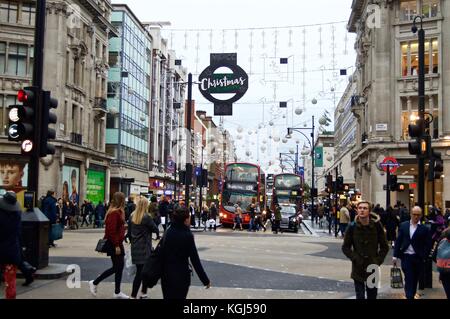 Oxford Circus Christmas lights 2017 before switch on, sponsored by NSPCC and Sky, Oxford Street, London, UK Stock Photo