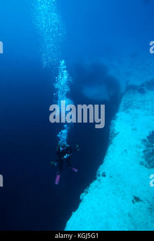 Descending into Lost Ocean Blue Hole, Bahama Islands Stock Photo