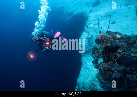 Descending into Lost Ocean Blue Hole, Bahama Islands Stock Photo