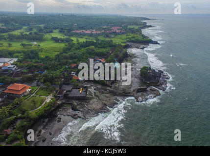 Aerial drone view of Tanah Lot temple in Bali Indonesia