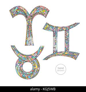 Zodiac signs set Aries, Taurus, Gemini. Horoscope pastel colors collection. Hand drawn symbols. Astrological series vector illustration. Stock Vector