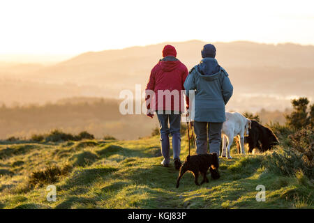 Flintshire, North, UK. 8th Nov, 2017. UK Weather. A cold frosty start for some today after a day's rain yesterday and clearing skies for the rest of the day. Dog walkers dressed for the freezing weather with their dogs walking along the ridgeline of Moel-y-Gaer and Iron Age hillfort near Rhosesmor Credit: DGDImages/Alamy Live News Stock Photo