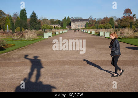 Stoke-on-Trent. UK Weather. 8th November, 2017. Bright sunny start to the day in Trentham Gardens, woods and parkland. In Trentham Gardens is the mile long, Capability Brown designed, Trentham Lake with a the circular lakeside walk all the way round as it takes you aside the River Trent, Credit: MediaWorldImages/Alamy Live News Stock Photo