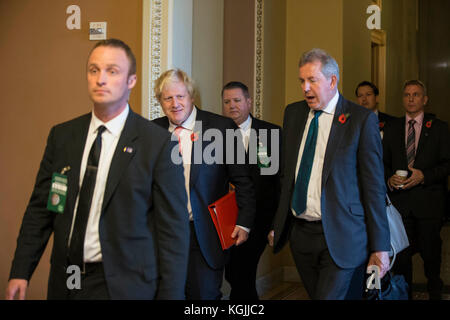 Washington DC, USA. 08th Nov, 2017. British Secretary of State for Foreign and Commonwealth Affairs Boris Johnson, left, and British Ambassador to the United States, Sir Kim Darroch, right, walk through the United States Capitol Building after meeting with United States Senate Majority Leader Mitch McConnell, Republican of Kentucky, on November, 8th, 2017 in Washington, DC Credit: Alex Edelman/CNP /MediaPunch Credit: MediaPunch Inc/Alamy Live News Stock Photo