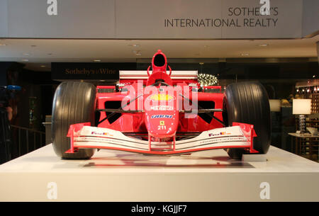 New York, USA. 3rd Nov, 2017. The Ferrari Formula 1 race car in which Michael Schumacher won the Grand Prix of Monaco at Sotheby's in New York, US, 3 November 2017. This year's fall auction's at Sotheby's in New York start on 13 November 2017. Credit: Christina Horsten/dpa/Alamy Live News Stock Photo