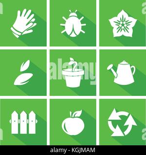 Vector set of gardening flat icons, collection of farming signs with shadow in green colors. Stock Vector