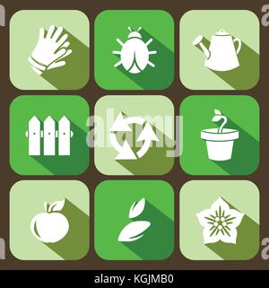 Vector set of gardening flat icons, collection of farming signs with shadow in green colors. Stock Vector