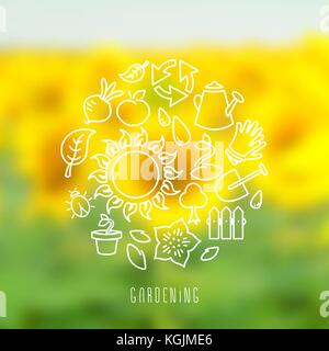 Vector illustration of round vignette of gardening symbols and icons, outline linear drawing with copy space, on blurred sunflower field summer backgr Stock Vector