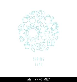 Vector illustration of round vignette of gardening symbols and icons, outline linear drawing with copy space Stock Vector