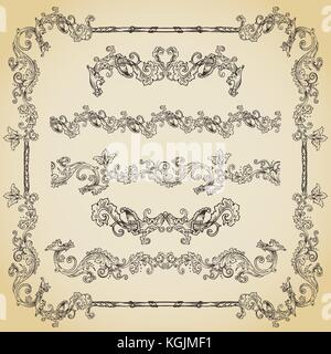 Set of vintage swirls, seamless borders and vignettes in frame Stock Vector