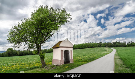 Chapel and alone tree in meadow. Flowering spring dandelions. Taraxacum officinale. Rural landscape with yellow flowers in grass. Sky and white clouds. Stock Photo