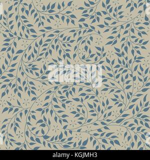 Floral seamless pattern - vector illustration of detailed blue ornament of plant twigs and curled branches on olive background Stock Vector