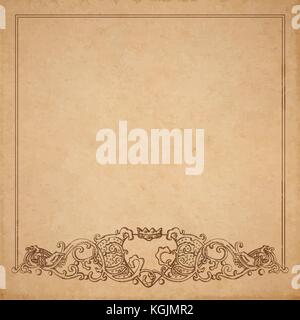 Vintage old paper texture with vector vignette with Medieval ornament, hand drawn floral decorative frame with heart and crown holded by hands, copy s Stock Vector