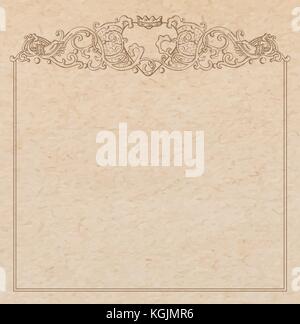 Vintage old paper texture with vector vignette with Medieval ornament, hand drawn floral decorative frame with heart and crown holded by hands, copy s Stock Vector