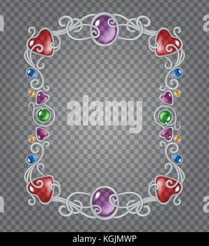 Vector transparent glass and gems decorative metal frame on demonstrative gray grid background - silver vertical fantasy vignette with precious color  Stock Vector
