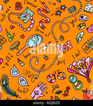 Bright orange seamless pattern with woman accessories Stock Vector