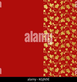 Vector illustration of gold foil ornamental background with roses in Victorian style on red. Stock Vector