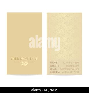 Vector golden vertical business card template - gold silk print of front and back sides - lotus and paisley ornament with copy space Stock Vector
