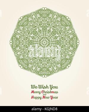 Vector Christmas and New Year card with ornamental snowflake, vintage green on beige parchment Stock Vector