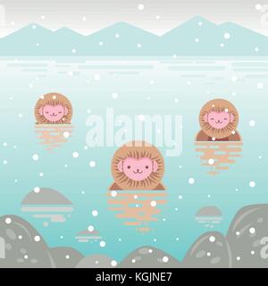 Wild monkeys that enters a hot spring. Snow monkey in Japan vector illustration Stock Vector