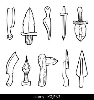 Edged weapons set. Cold steel arms. Collection of military weapons: swords, axes, knives, kunai, shuriken, mace. Vector illustration, Hand drawn, blac Stock Vector