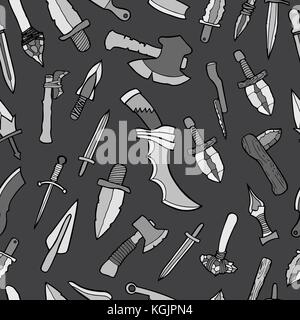 Seamless background with historical arms, objects in cartoon hand drawn style. Monochrome Vector objects on game weapon theme Stock Vector