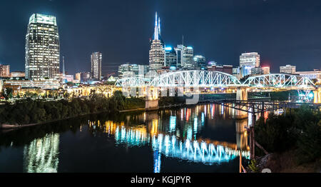 Nashville night skyline along the Cumberland river from the Korean Veterans Blvd bridge Stock Photo